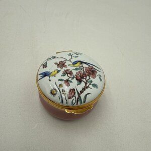 Crummles Co England Enamels Pink Trinket Box Birds Flowers Butterflies Keepsake